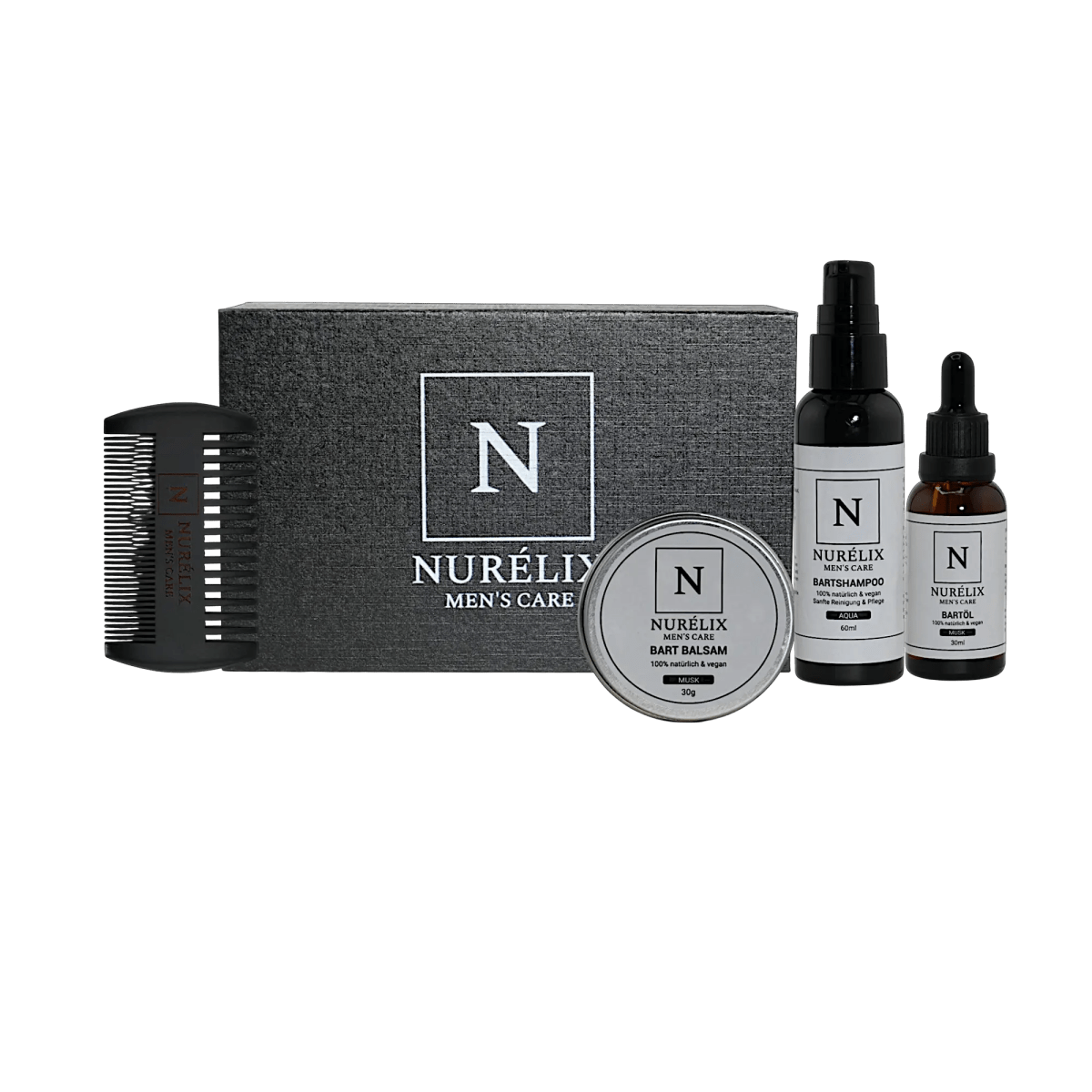 Bartpflege Set – Musk & Aqua with oil, balm, shampoo, and comb for beard care.