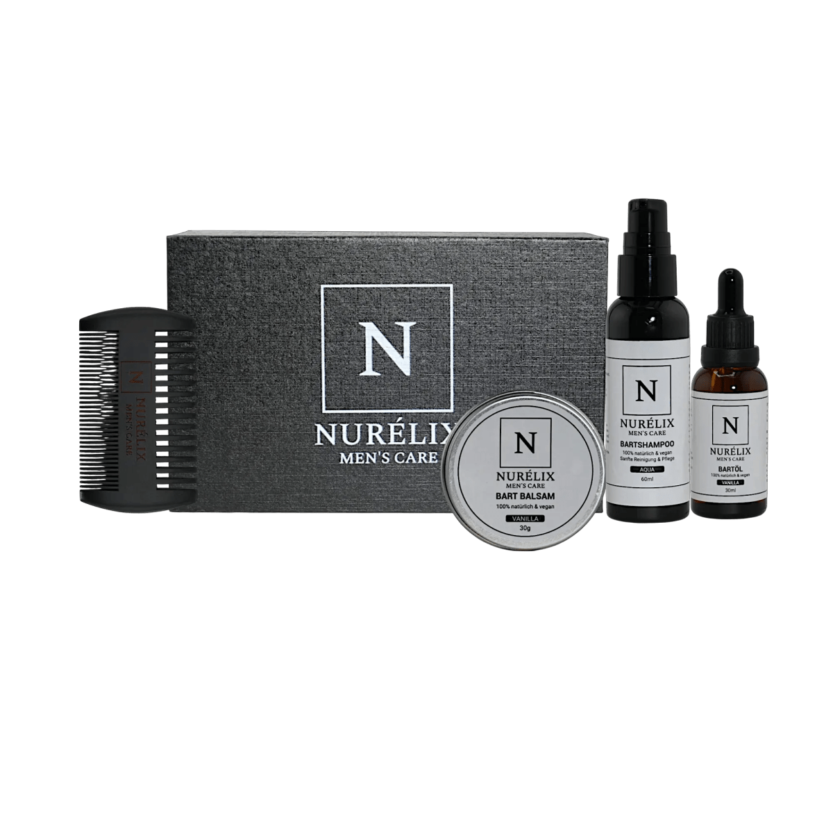 Bartpflege Set – Vanilla & Aqua with beard oil, balm, shampoo, and comb.