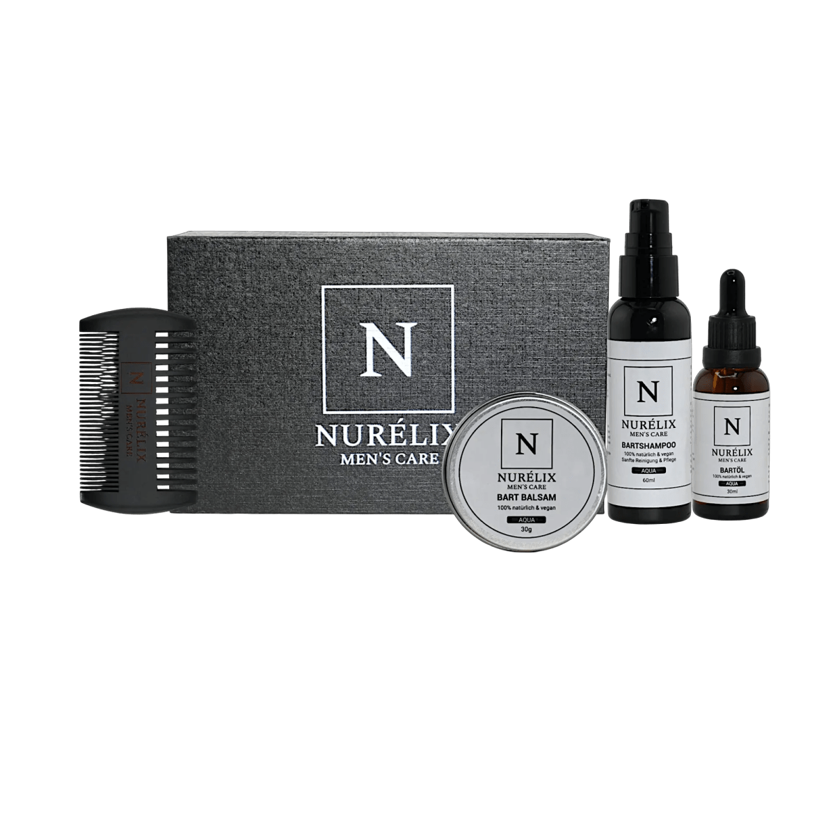 Bartpflege Set Aqua with oil, balm, shampoo, and comb in stylish packaging.